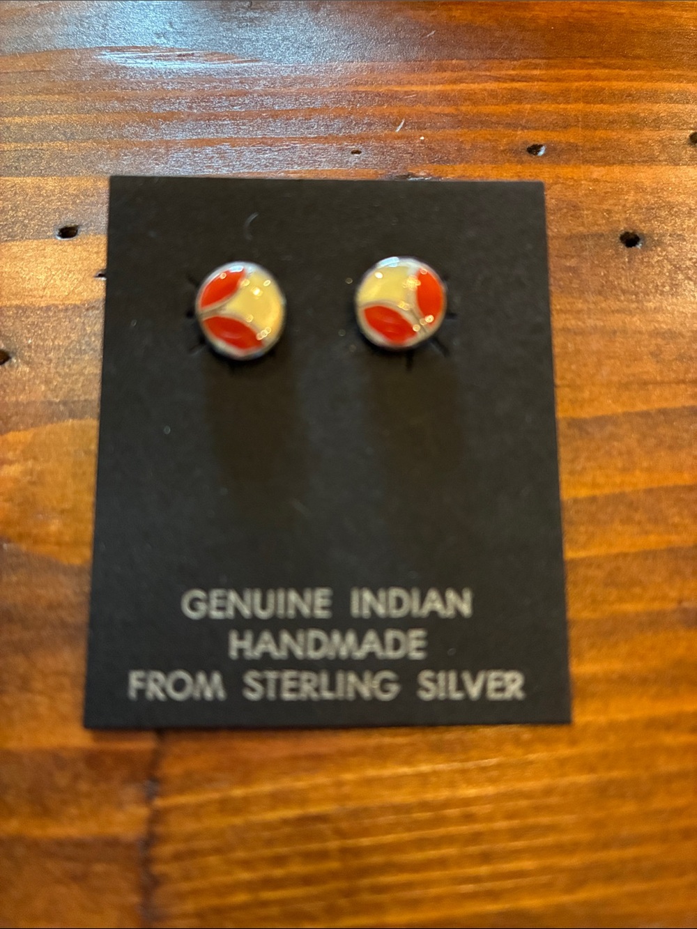 Sterling Silver Handmade Red and Cream Inlay Stud Earrings